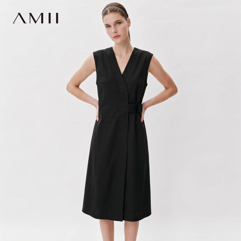 Amii Women's Summer Dress 2026 New Solid Color Loose Simple Elegant Office V-Neck A-Line Midi Women's Casual Dresses 12652058