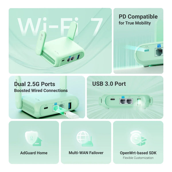 GL.iNet GL-MT3600BE (Beryl 7) រ៉ោតទ័រវ៉ាយហ្វាយ 7 ឥតខ្សែ 2.5G ពីរក្រុម, រ៉ោតទ័រ VPN ចល័តខ្នាតតូច WiFi សម្រាប់រថយន្ត ការធ្វើដំណើរ អាជីវកម្ម