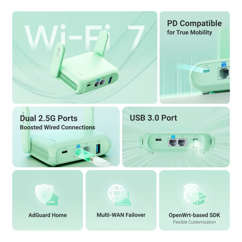 GL.iNet GL-MT3600BE (Beryl 7) រ៉ោតទ័រវ៉ាយហ្វាយ 7 ឥតខ្សែ 2.5G ពីរក្រុម, រ៉ោតទ័រ VPN ចល័តខ្នាតតូច WiFi សម្រាប់រថយន្ត ការធ្វើដំណើរ អាជីវកម្ម