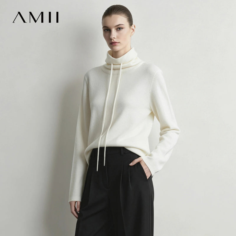 Amii Long Sleeve Turtleneck Sweaters Winter 2026 Knit Pullover Top Drawstring Loose Versatile Casual Sweaters for Women 12644009