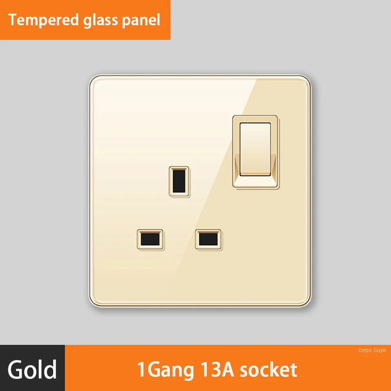 Luxury All Tempered Glass Wall Lamp Switch Button Golden UK Plug 13A Universal Wall Socket with Usb ,220V2gang2way Dimmer Switch