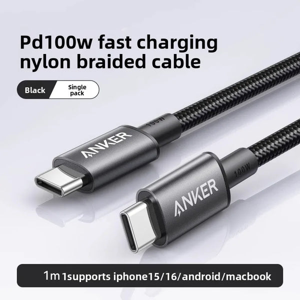 ខ្សែសាក Anker USB-C ទៅ USB-C 100W សាកលឿន PD Data Cable Type C សម្រាប់ Samsung Xiaomi MacBook Tablet
