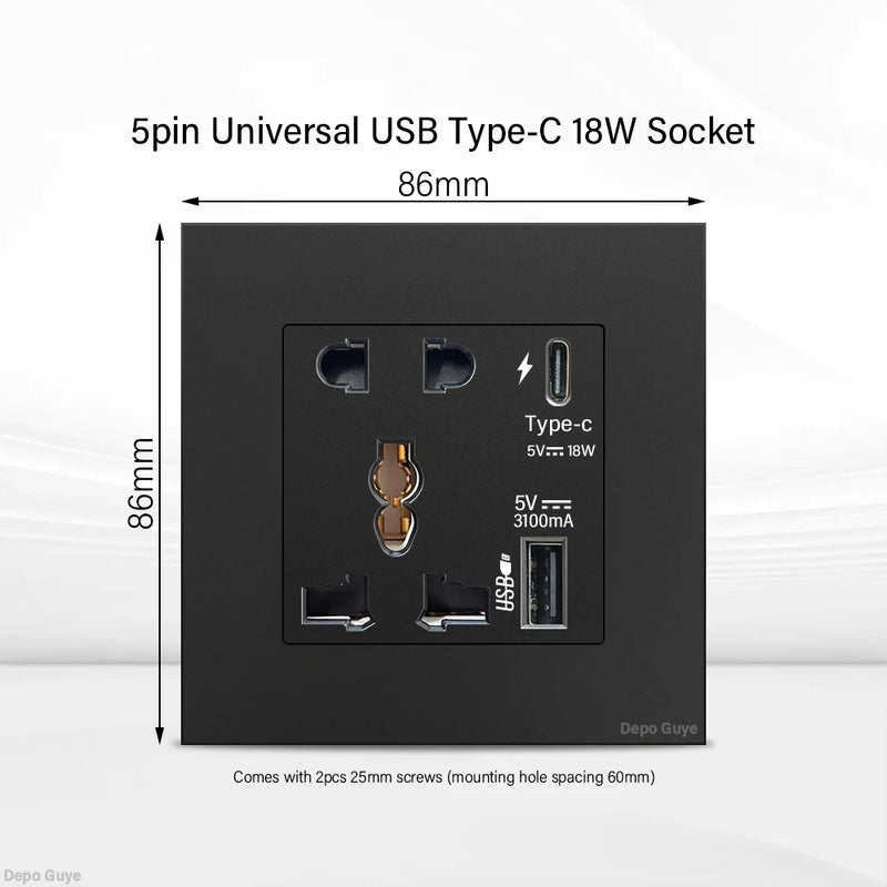 Black UK 13A Wall Socket with USB Type C 18W Quick Charge Plug Socket,Universal Wall power outlet 220V Electrical Light Switch