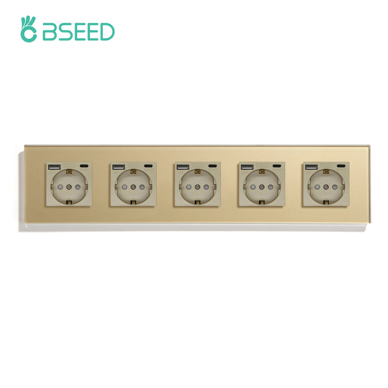 BSEED EU Wall Sockets Five Power Outlets USB Type-C Charge Port Glass Frame Sockets Wall Sockets Kids Protection 16A
