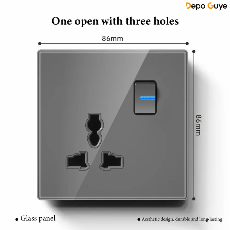 Grey Tempered Glass UK Standard 13A Wall Switch Socket with LED USB Type-C TV CAT6 Data Outlet British Electrical Wall Panel