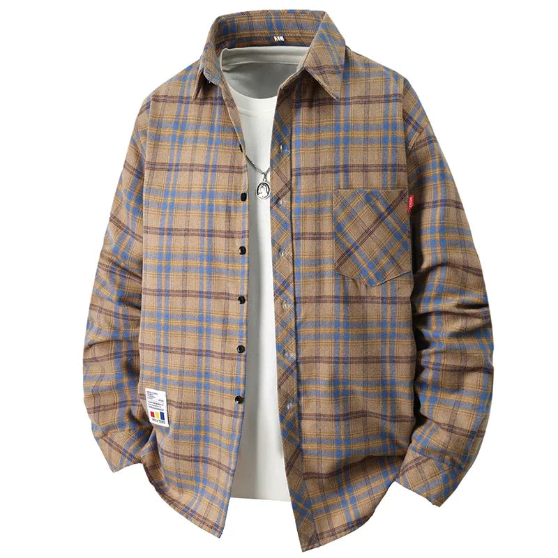 Soft Breathable Check Pattern Shirt Loose Fit Turn Down Collar Pocket Label Autumn Daily Men Casual Outer Blouse