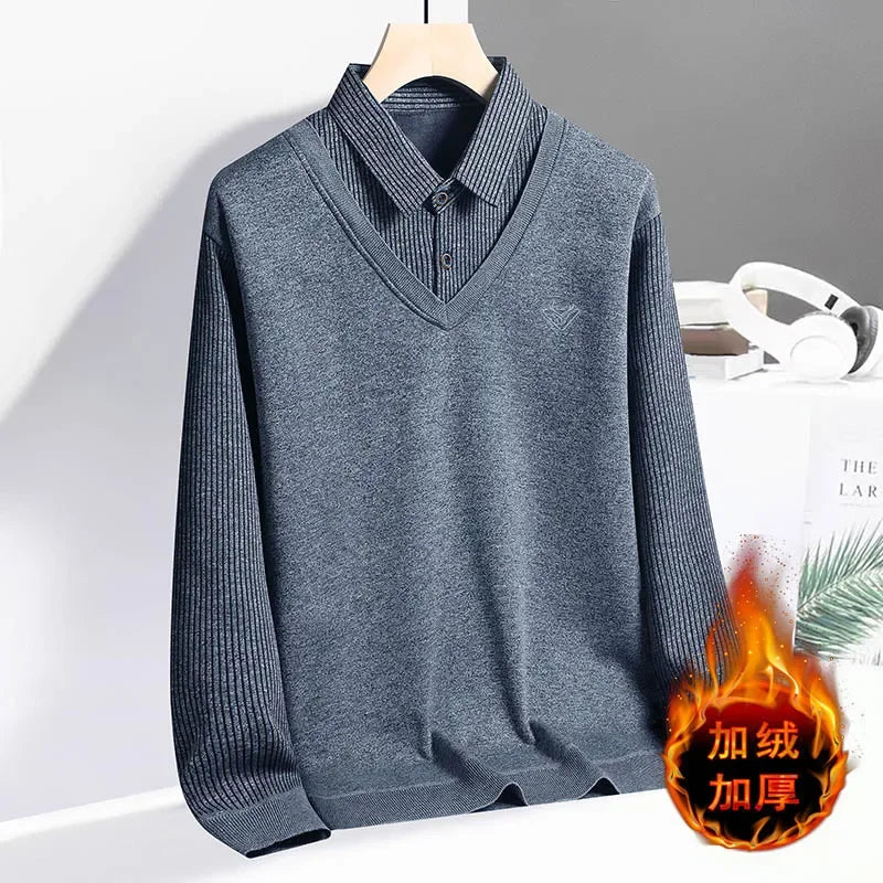 Daily Versatile Men Pullover Fake Two Piece Construction Vertical Stripe Sleeves Lapel Collar Subtle Embroidered Logo