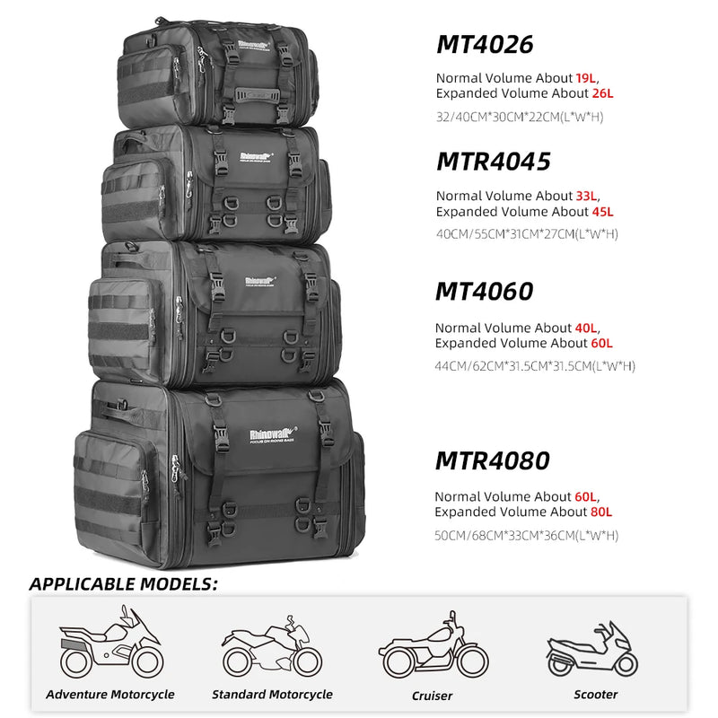 Rhinowalk Motorcycle Tail Bag Back Seat Case Waterproof 19-80L Expandable Storage Motor Saddle Bag Luggage Pannier 1 Piece