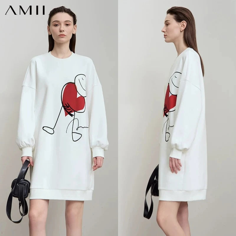 AMII Casual Dresses 2026 New Autumn Print Embroidery Long Sleeves Drop Shoulder Round Neck Pocket Loose Sweatshirt Dress12523017