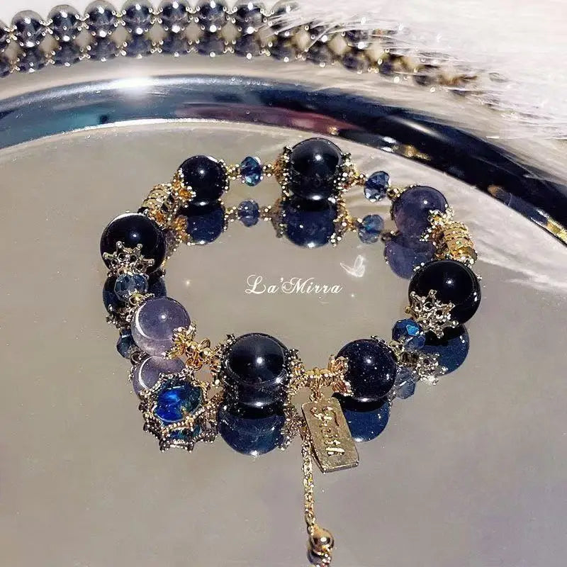 Whale Fall Star Moonlight Black Gold Dark Blue Beaded Crystal Bracelet for Women - Lightweight Luxury Exquisite Niche Gift Neckl