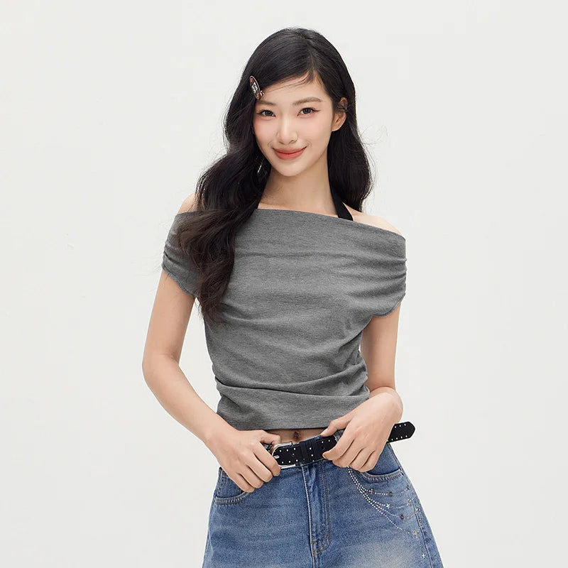 Semir Women Tshirt Short Length Halter Neck Draped Collar Fake Two Piece Slim Fit Stylish 2026 Summer Fashion Casual Top