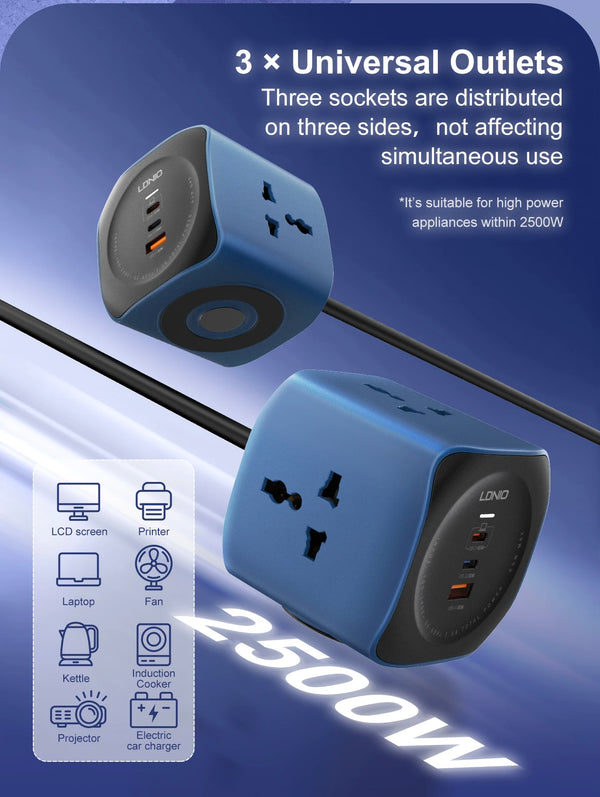 បន្ទះ ភ្លើង LDNIO Cube ការពារ ចរន្ត អគ្គិសនី លើស កម្រិត មាន រន្ធ ដោត AC ចំនួន 3 សាក ថ្ម លឿន USB-C ខ្សែភ្លើង បន្ថែម 2 ម៉ែត្រ អាច តោង បើក/បិទ បាន
