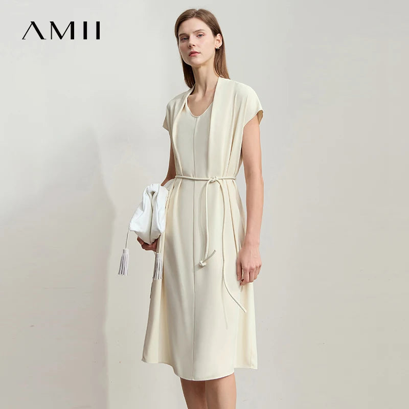 រ៉ូប AMII Minimalist Office Lady រាងផ្នត់ រដូវក្តៅ ឆ្នាំ២០២៥ ចង្កេះរលុង អាវក្រណាត់ Chiffon សម្រាប់នារី ដៃអាវធម្មតា ពណ៌ស រ៉ូប Midi 12522140