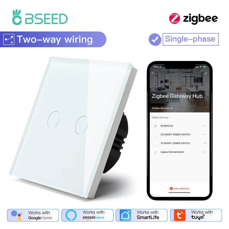 BSEED 1/2/3Gang Smart Zigbee Touch Light Switch 2-Way Control Compatible with Alexa/Google Home No Neutral Wire Touch Switch