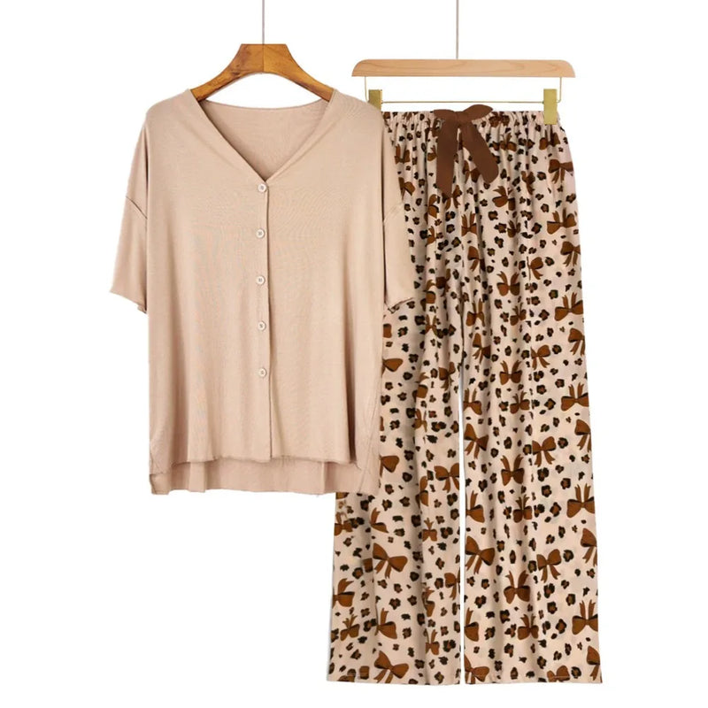 new Summer pajamas set Short sleeve Home suit for women pajama Short Sleeve+Pants Two Piece Thin night wear female nightwear