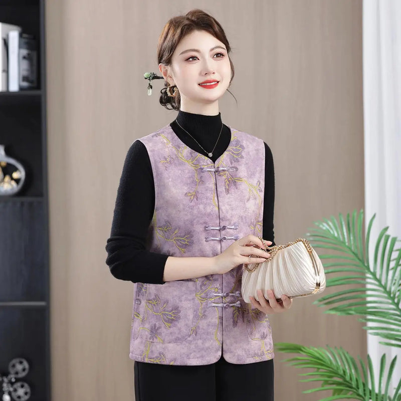 អាវកាក់បែបបុរាណចិន Sle Retro សម្រាប់ស្ត្រី ប៊ូតុងនិទាឃរដូវ សម្លៀកបំពាក់ម៉ាក់ អាវកាក់ប៉ូលីអេស្ទ័រ អាវធំ