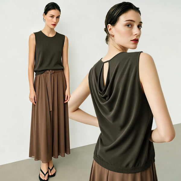 Amii Women's Knit Top 2026 Summer New Round Neck Sleeveless Sweater Draped Cutout Loose Fit Casual Pullover For Women 12622205