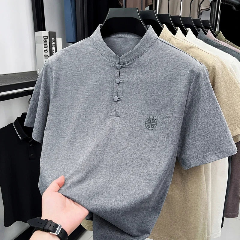 Men Summer Chinese Style Short Sleeve T Shirt Mandarin Collar Frog Button Embroidered Casual Breathable Tee