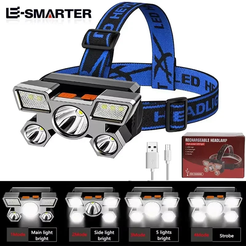 ចង្កៀងមុខ LED 5 ដែលអាចសាកបាន ខ្លាំង ងាយស្រួលប្រើ នេសាទ បោះតង់ ភ្លើងពិល ស្រាល បរបាញ់ ឡើងភ្នំ ចង្កៀងមុខ