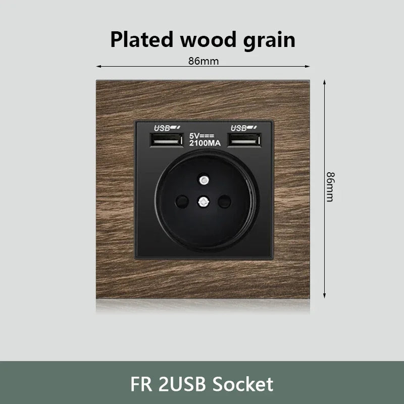 Retro Wood grain Wall Light Switch,18W Fast Type C Wall 220V Power Outlet plug,EU FR European Electrical socket with USB Charger