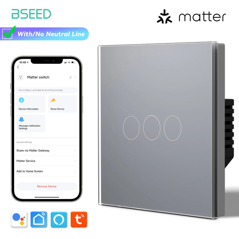 BSEED Matter WIFI Touch Switch 1/2/3Gang Smart Light Switch Support Apple Home Tuya APP Google Assistant Alexa Voice Control