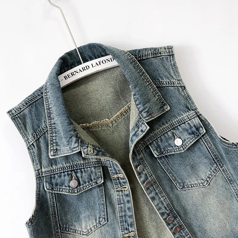 Hong Kong Style Retro Denim Vest Women's Short Tops Spring Autumn Korean Thin Sleeveless Jackets Ladies Waistcoat Chalecos Traf