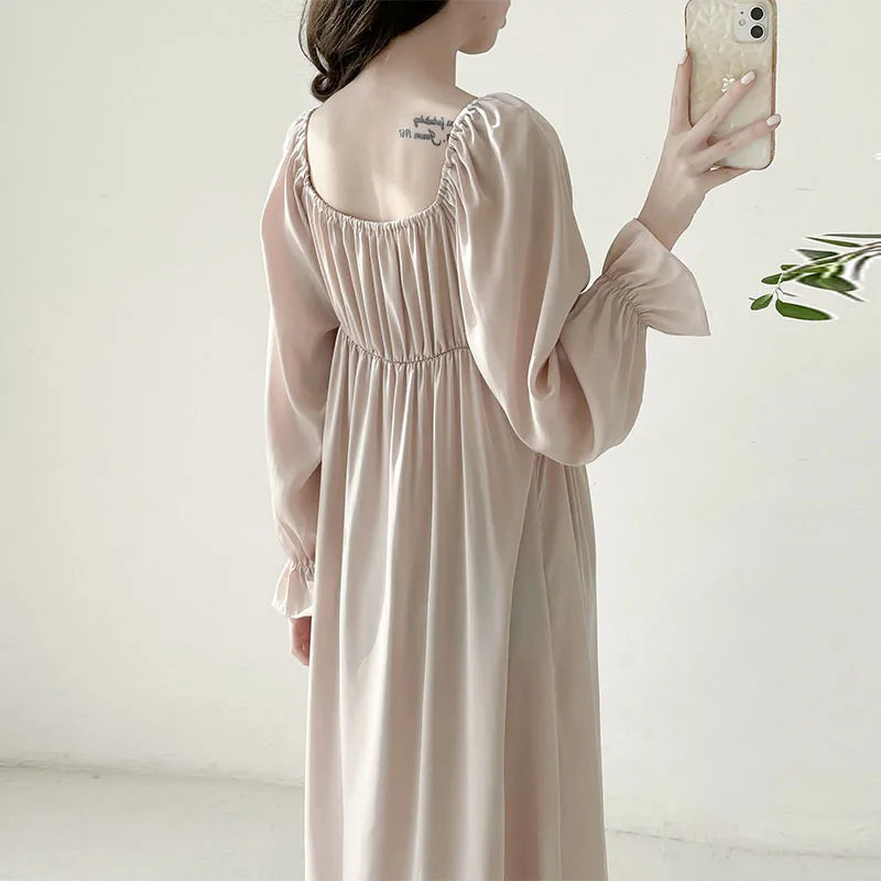 Ins Sweet Princess Nightdress Long Sleeve Spring Summer Dress Silk Satin Lace Night Wears For Women Slim Sleepwear Nightgowns