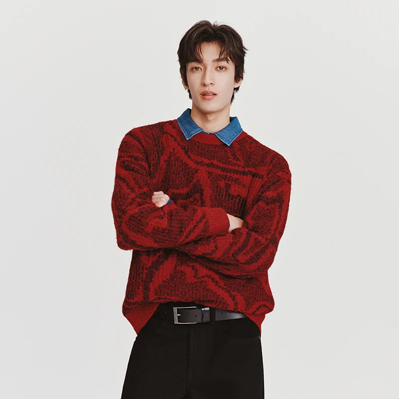 Semir Men Sweater 2026 New Red Double Sided Wear Horse Line Art Jacquard Full Print Crew Neck Knitwear Tops