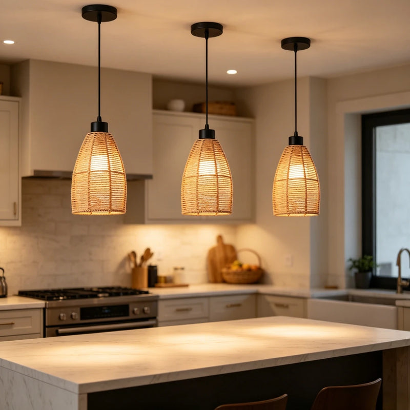 JOYINLED Boho Rattan Chandelier Wicker Pendant Lighting Fixture Woven Ceiling Chandelier for Kitchen Dining Room Farmhouse