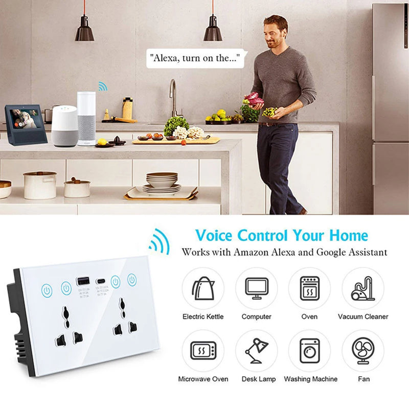 Tuya WIFI Smart Control Dual Wall  Power Socket Universal Electrical Plug Outlet with USB Type-C Touch Switch Alexa Google Voice
