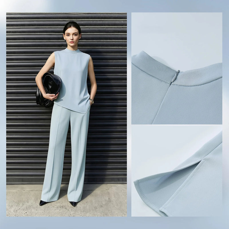 Amii Mock Neck Women's Blouse 2026 Summer New Solid Color Asymmetric Slit Hem Shirt Casual Sleeveless Chiffon Top Women 12642104