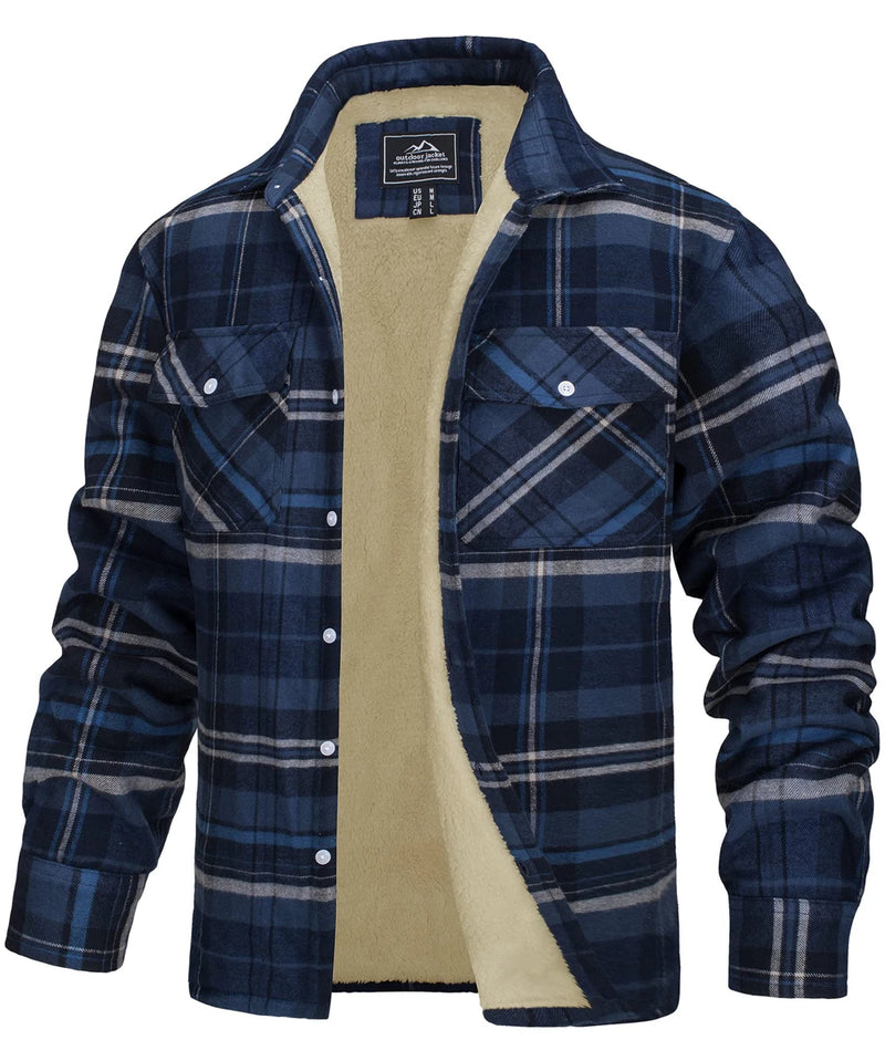 TACVASEN Fleece Lining Jackets Mens Flannel Cotton Jackets Plaid Casual Button Down Cargo Work Coats Thicken Outwear Man Tops