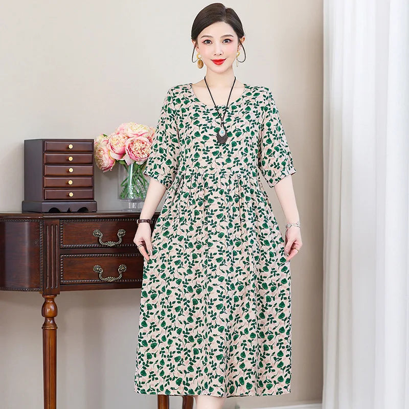 XL-5XL អាវយឺតកប្បាសសម្រាប់ម្តាយវ័យកណ្តាល រចនាបថថ្មី រ៉ូបសម្រាប់គេងរដូវក្តៅសម្រាប់ស្ត្រី រ៉ូបគេងរលុង