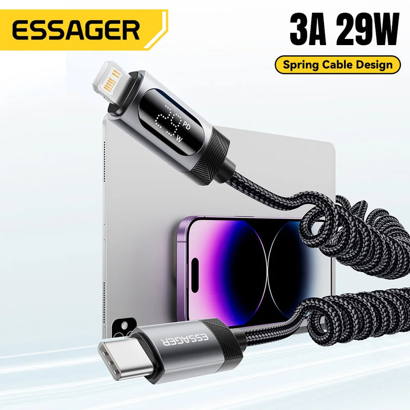 ខ្សែសាក Essager Car Spring USB C សម្រាប់ iPhone 14 13 12 11 PD សាកថ្មលឿន Type C ទៅខ្សែភ្លើងសម្រាប់ iPad Macbook ឌីជីថល DisplayPal