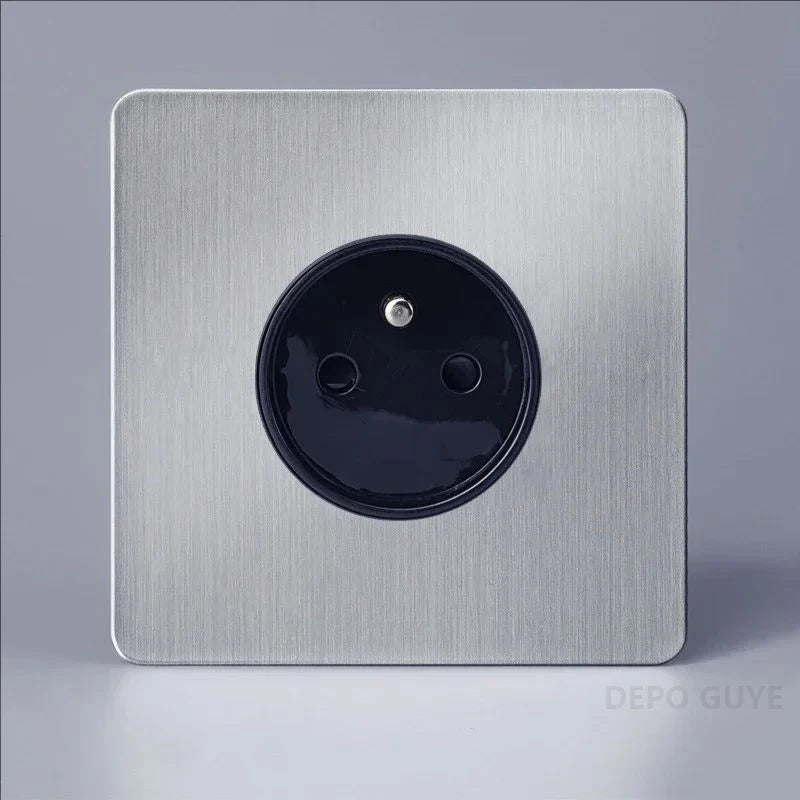 Retro EU France Socket Stainless Steel Brushed Double Power Outlet Toggle Metal Lever 1-4 Gang 2Way Wall Light Switch Panel RJ45