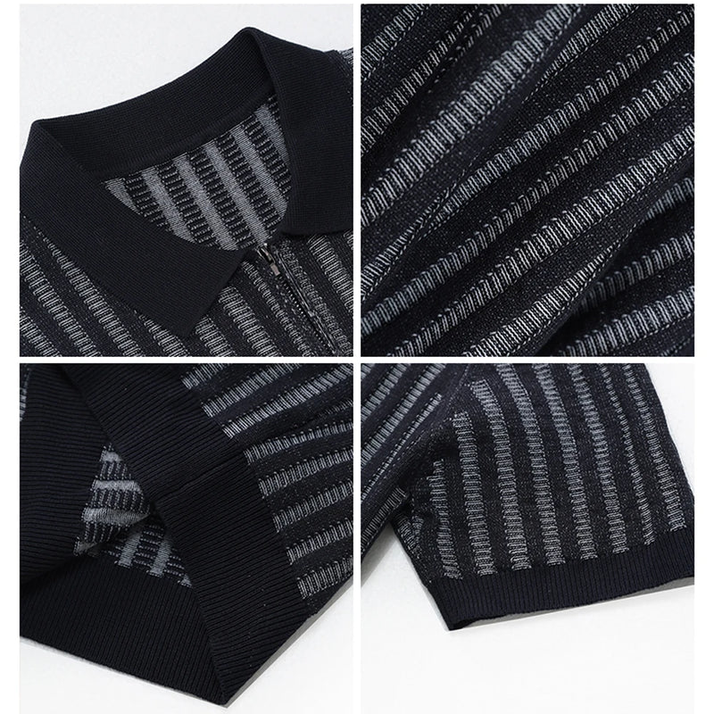Lyocell Linen Polo Shirt Striped Half Zipper Knitted Short-Sleeved T-shirt T Men's Knitted Short Sleeve Breathable Perspiration