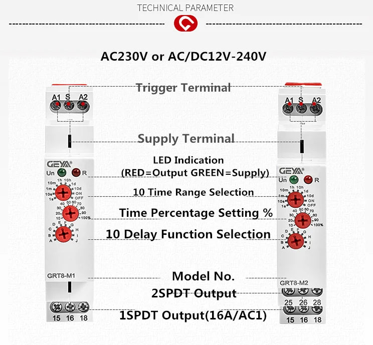 GEYA Multifunction Time Relay AC DC 12V 24V 48V 110V 220V 230V Timer Relay GRT8-M With10 Function Choices CE CB