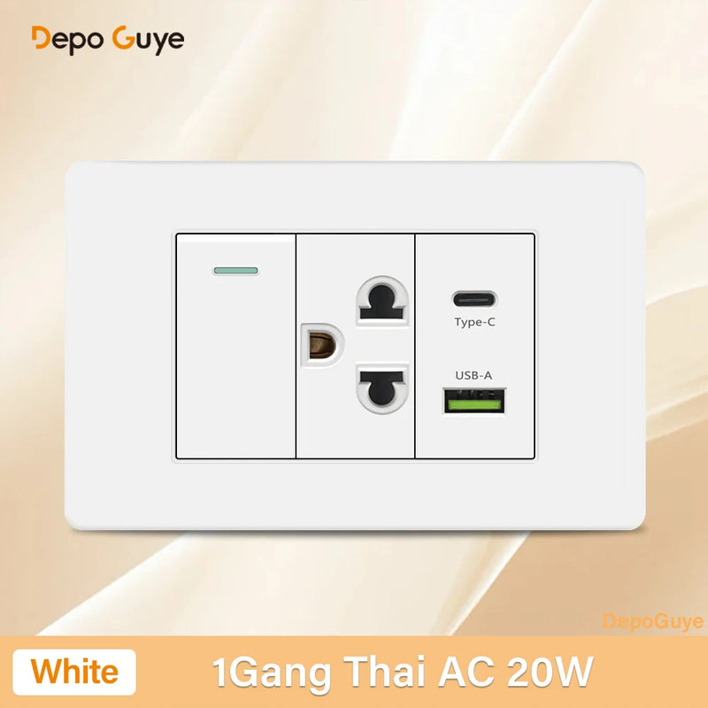 Italy Chile Mexico USB Smart Type-c 20W Fast Charging Wall Outlet plug,Brazil Electric Light Switch Panel Universal usb c Socket