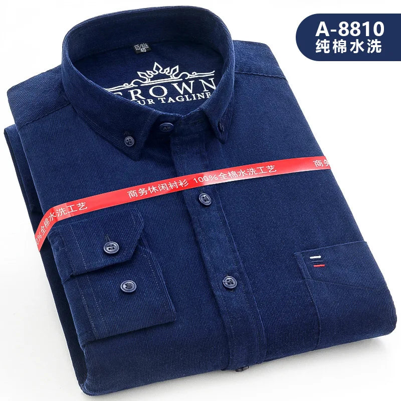 Spring Men's Yellow Long-Sleeve Shirt, Corduroy Collared Shirts, Asian Sizes, Available in Blue, Red, Gray, and Green.