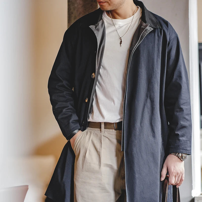 អាវធំ Maden Casual Balmacaan Trench Coat រាងរលុងពណ៌បៃតង Windbreaker Heavyweight Twill Vintage Long Jackets សម្រាប់រដូវស្លឹកឈើជ្រុះ និងរដូវរងារបស់បុរស