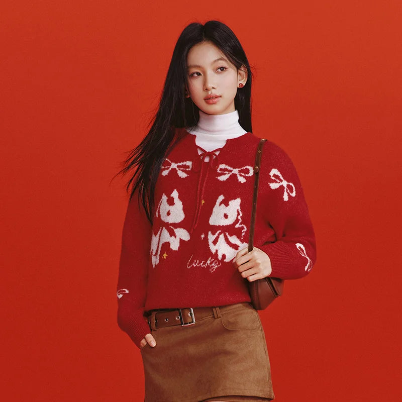 Semir Women Sweater 2026 Spring New Red Bow Jacquard Loose Cute Girlish Style Crew Neck Pullover Tops