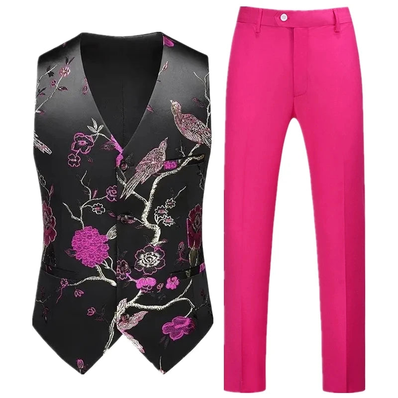 Men's Red Two-Piece Set, Sleeveless V-neck Vest with Trousers, White, Black, Red, Silver, Green,Purple To Choose From!