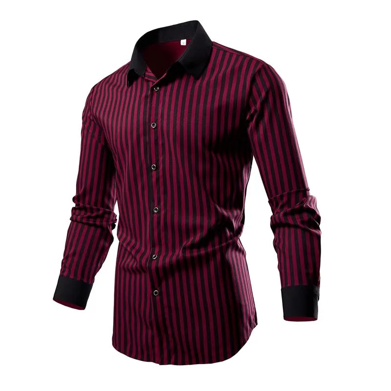 2026 Men's Classic Vertical Stripe Long Sleeve Shirt, Single Breasted Lapel Shirts, White Red Khaki Available, European Size