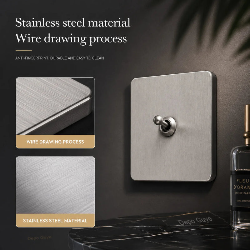 5/10PCS Toggle Wall Switch Grey Stainless Steel ,1/2/3/4 Gang 2Way Light Brass Lever Switch Panel For Home Improvement