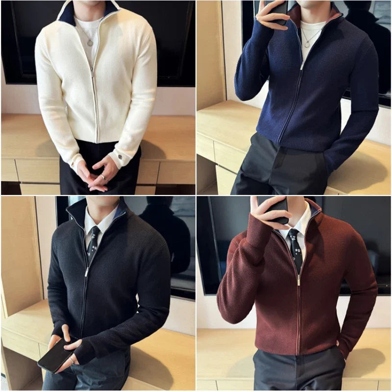 Autumn and Winter Stretch Solid Color Zipper Cardigan, Daily Casual Men's Business Casual Sweater.Stand-up Collar Coat
