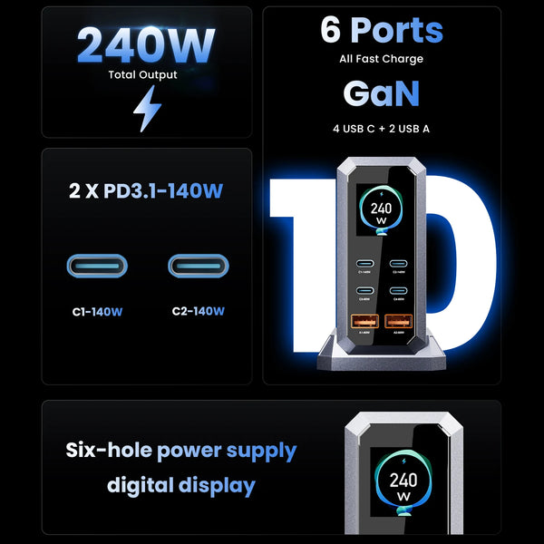 ឆ្នាំងសាក GaN ឌីជីថល 240W PD3.1 140W USB ប្រភេទ C 6 រន្ធ ស្ថានីយសាកថ្មលឿនសម្រាប់ iPhone Samsung Xiaomi MacBook កុំព្យូទ័រយួរដៃ