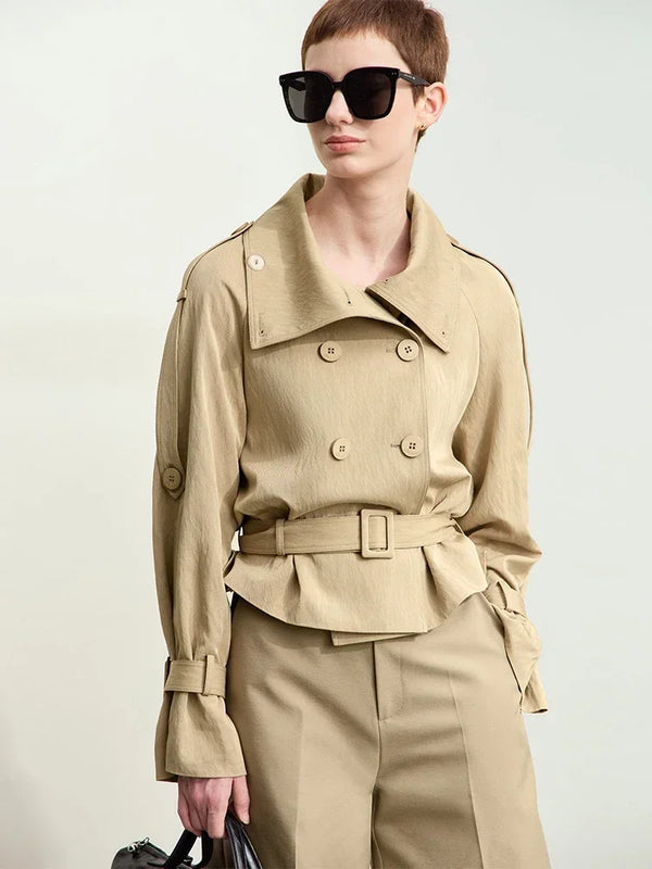 Amii Minimalism Short Trench Coat Women 2026 Autumn New Turtleneck Lapel Double Breasted With Belt Trendy Loose Jackets 12443105
