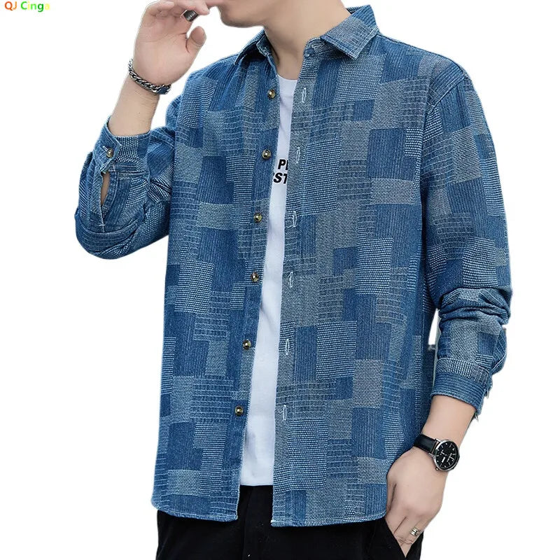2026 Men's Blue Denim Long Sleeve Shirt,Black Single Breasted Lapel Plaid Shirts, Fashion Casual Loose Top