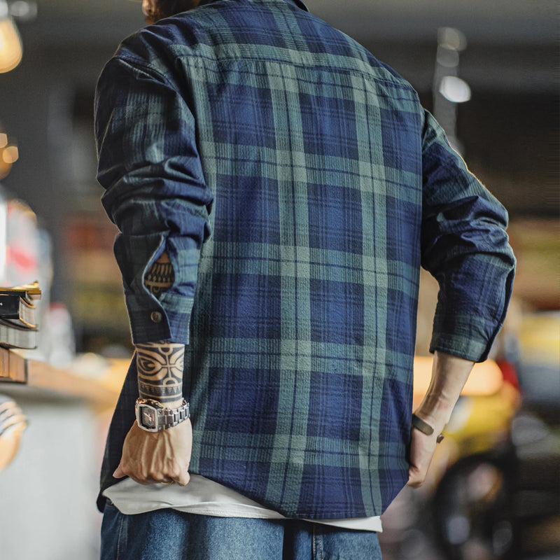 Maden Men's Vintage Blue-Green Plaid Shirt Cotton Long Sleeve Shirts Fish Embroidery Single-breasted Blouse  for Spring Fall