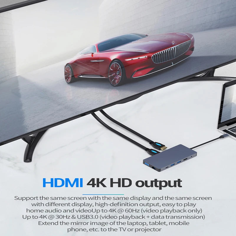 Blueendless Dual HDTV 12 រន្ធ Type C Hub អាលុយមីញ៉ូម រន្ធច្រើនសម្រាប់អានកាត SD/TF RJ45 1000M VGA Usb Adapter 12 ក្នុង 1 Usb C Hub
